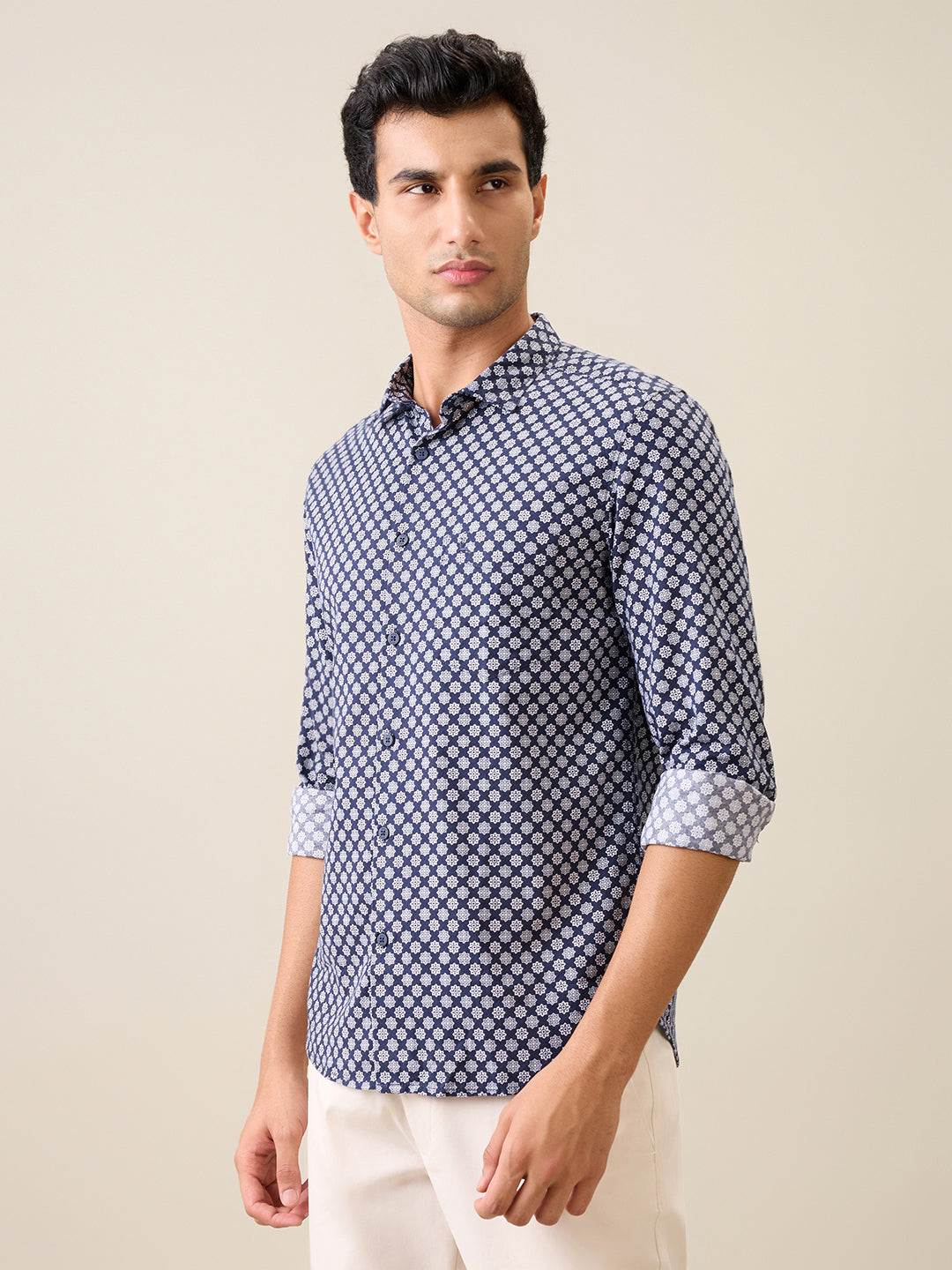 Parx Men Blue Printed Slim Fit Cotton Casual Shirt