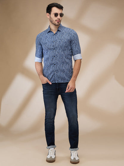 Parx Men Blue Printed Slim Fit Cotton Casual Shirts