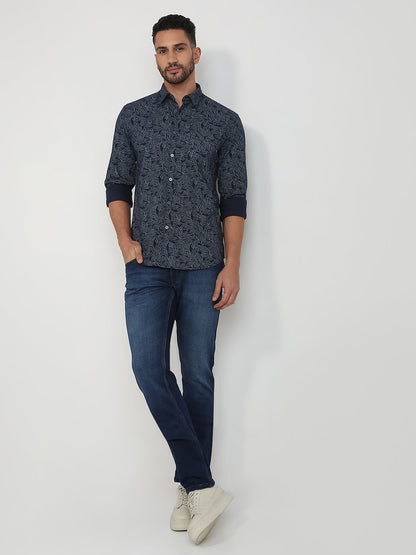 Parx Men Blue Printed Slim Fit Cotton Casual Shirt