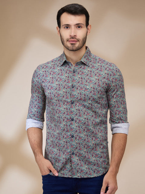 Parx Men Green Printed Slim Fit Cotton Casual Shirts