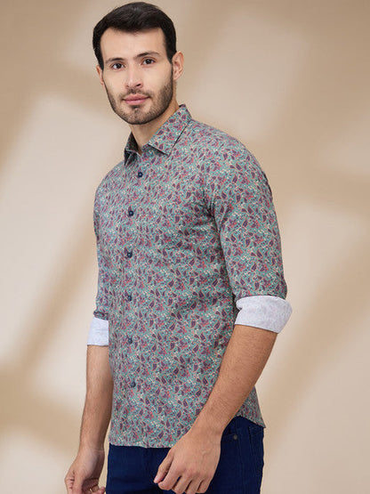 Parx Men Green Printed Slim Fit Cotton Casual Shirts