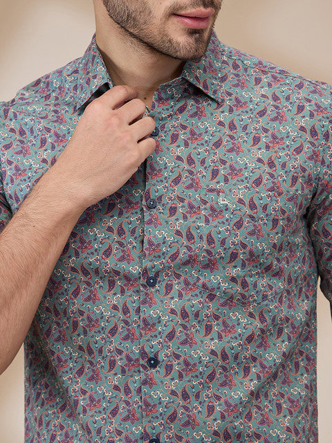Parx Men Green Printed Slim Fit Cotton Casual Shirts