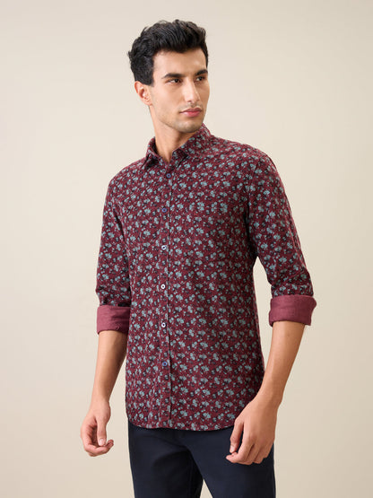 Parx Men Maroon Printed Slim Fit Cotton Casual Shirt
