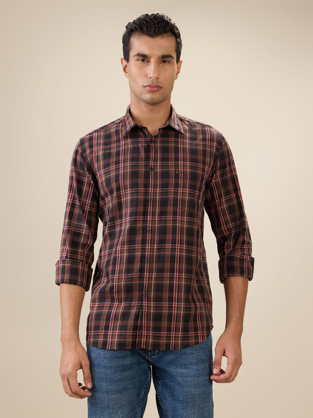 Parx Men Brown Checks Slim Fit Cotton Full Sleeve Cut Away Collar Casual Shirt