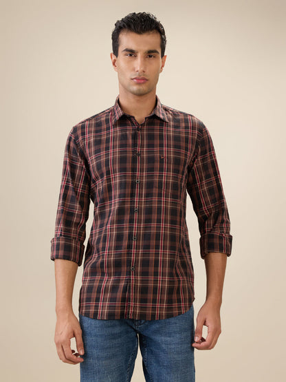Parx Men Brown Checks Slim Fit Cotton Full Sleeve Cut Away Collar Casual Shirt