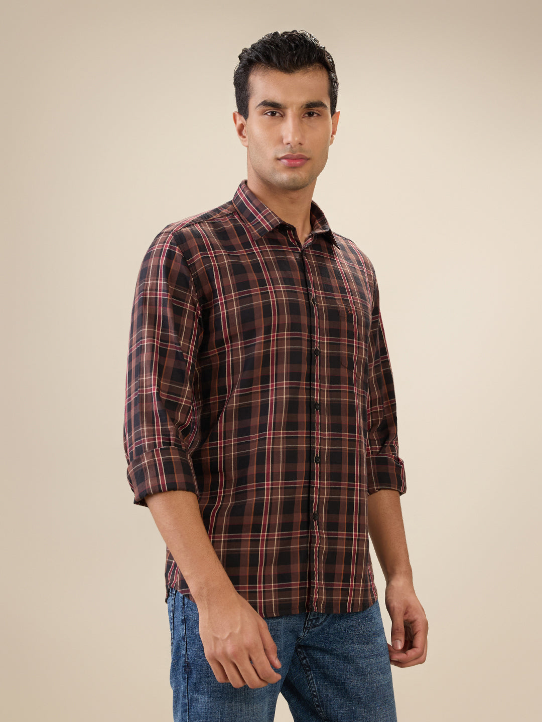 Parx Men Brown Checks Slim Fit Cotton Full Sleeve Cut Away Collar Casual Shirt