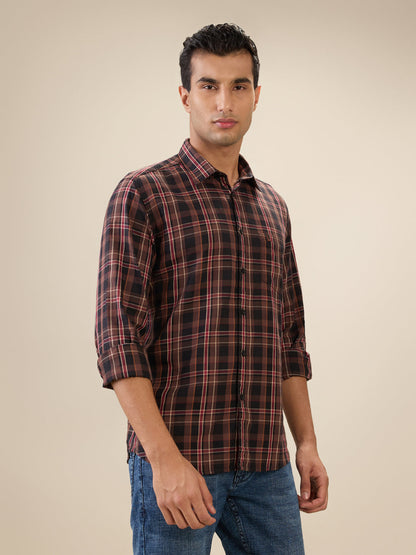 Parx Men Brown Checks Slim Fit Cotton Full Sleeve Cut Away Collar Casual Shirt