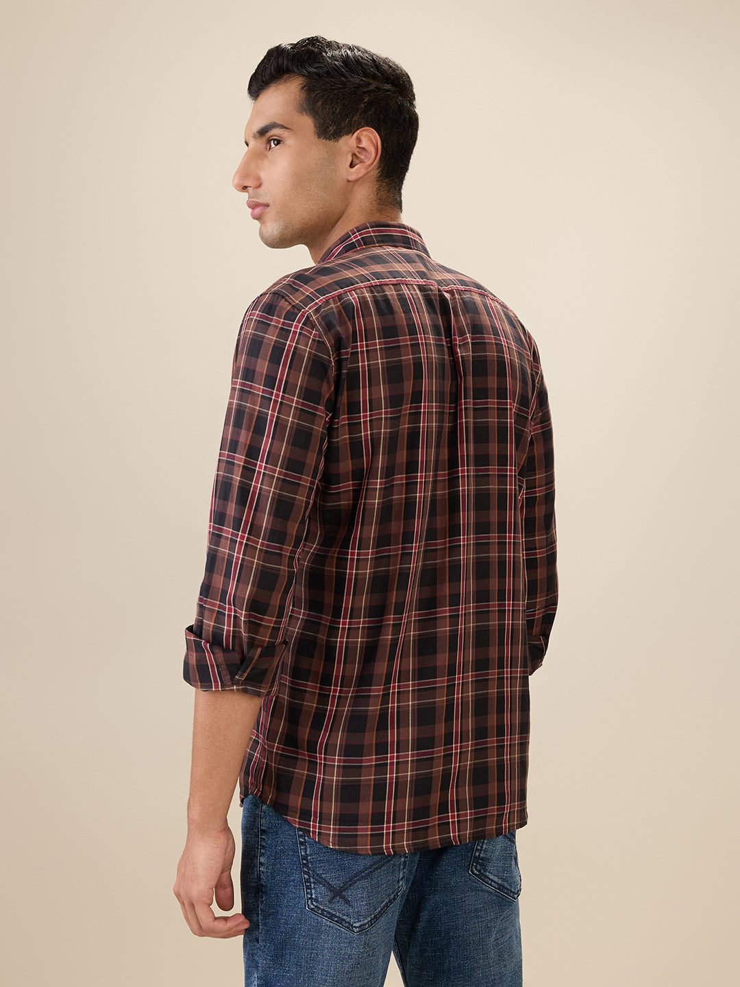 Parx Men Brown Checks Slim Fit Cotton Full Sleeve Cut Away Collar Casual Shirt