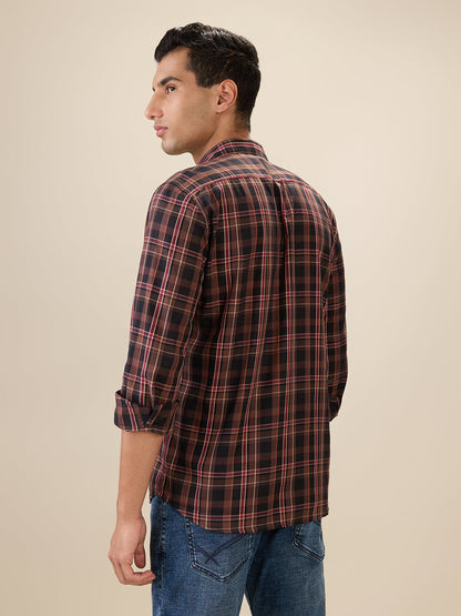Parx Men Brown Checks Slim Fit Cotton Full Sleeve Cut Away Collar Casual Shirt