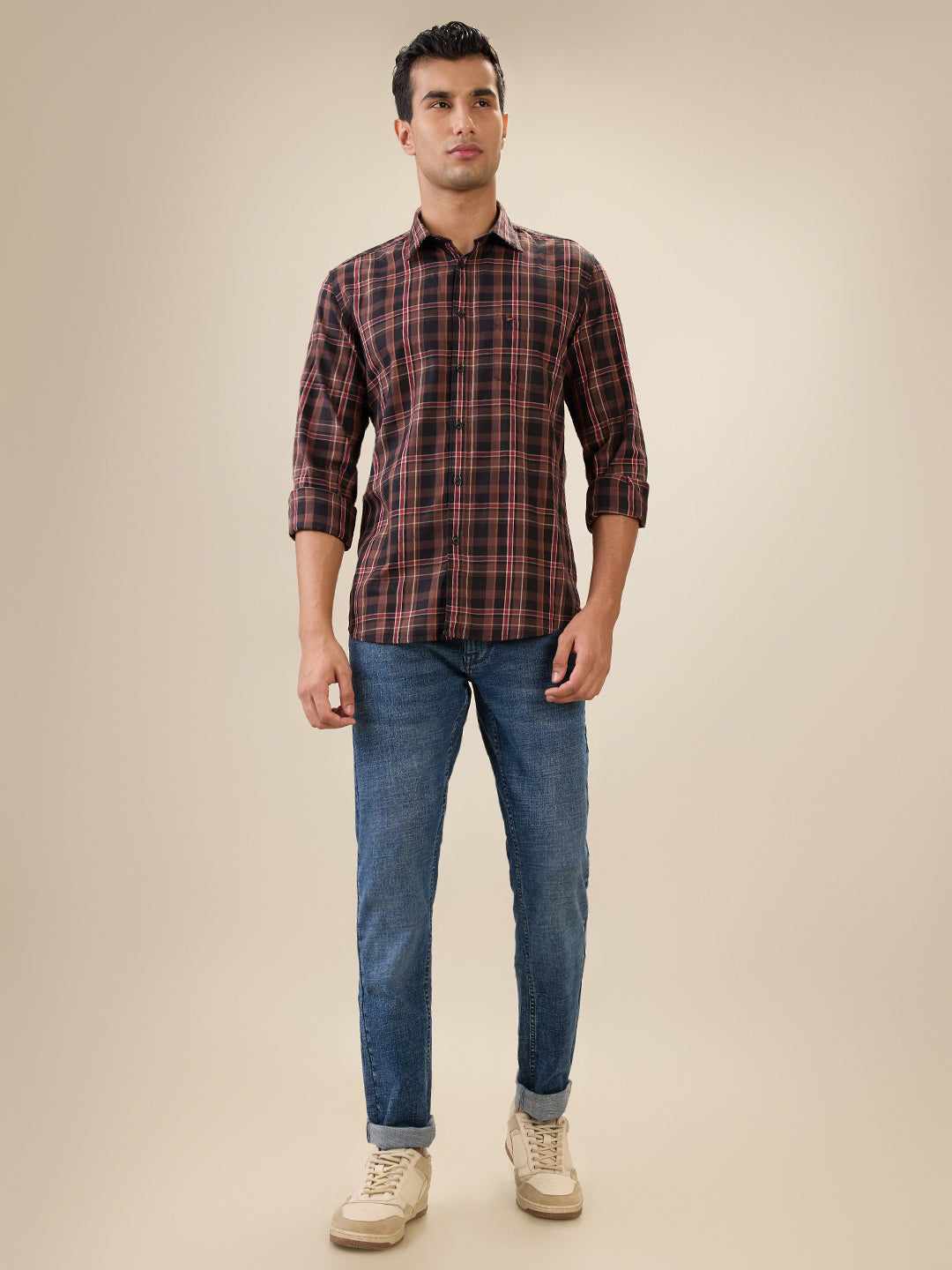 Parx Men Brown Checks Slim Fit Cotton Full Sleeve Cut Away Collar Casual Shirt