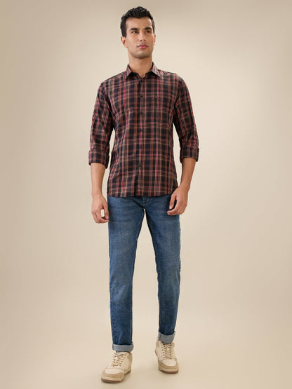 Parx Men Brown Checks Slim Fit Cotton Full Sleeve Cut Away Collar Casual Shirt