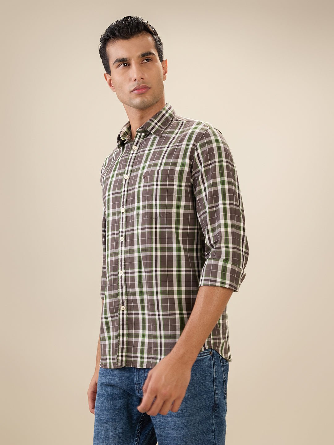 Parx Men Brown Checks Slim Fit Cotton Full Sleeve Cut Away Collar Casual Shirt