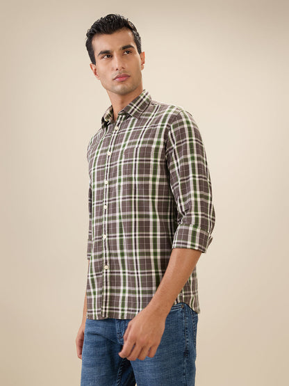 Parx Men Brown Checks Slim Fit Cotton Full Sleeve Cut Away Collar Casual Shirt
