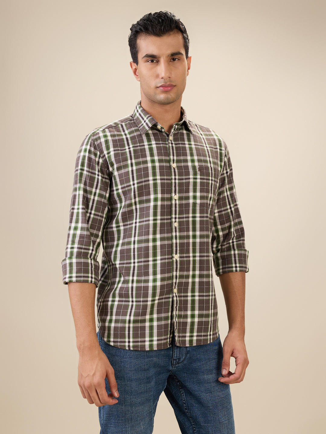 Parx Men Brown Checks Slim Fit Cotton Full Sleeve Cut Away Collar Casual Shirt