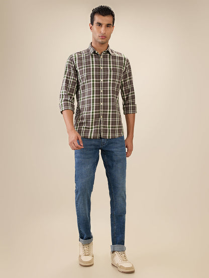 Parx Men Brown Checks Slim Fit Cotton Full Sleeve Cut Away Collar Casual Shirt