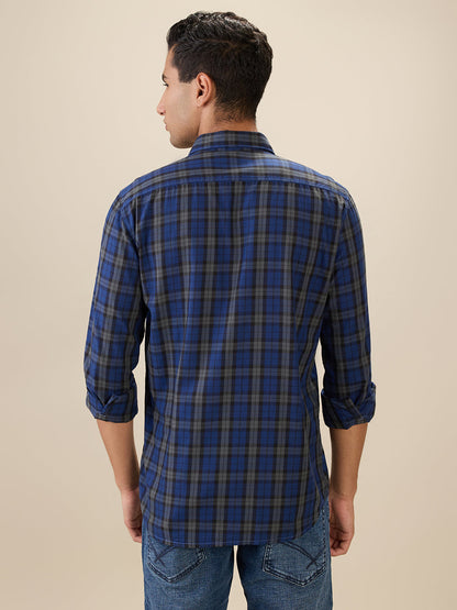 Parx Men Blue Checks Slim Fit Cotton Full Sleeve Cut Away Collar Casual Shirt