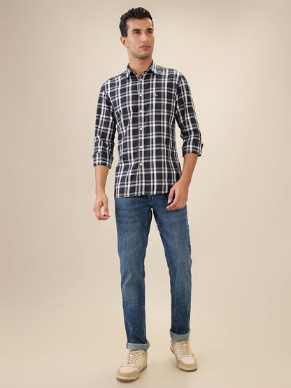 Parx Men Blue Checks Slim Fit Cotton Full Sleeve Cut Away Collar Casual Shirt