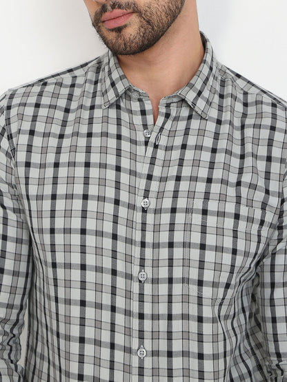 Parx Men Grey Checks Slim Fit Cotton Casual Shirt