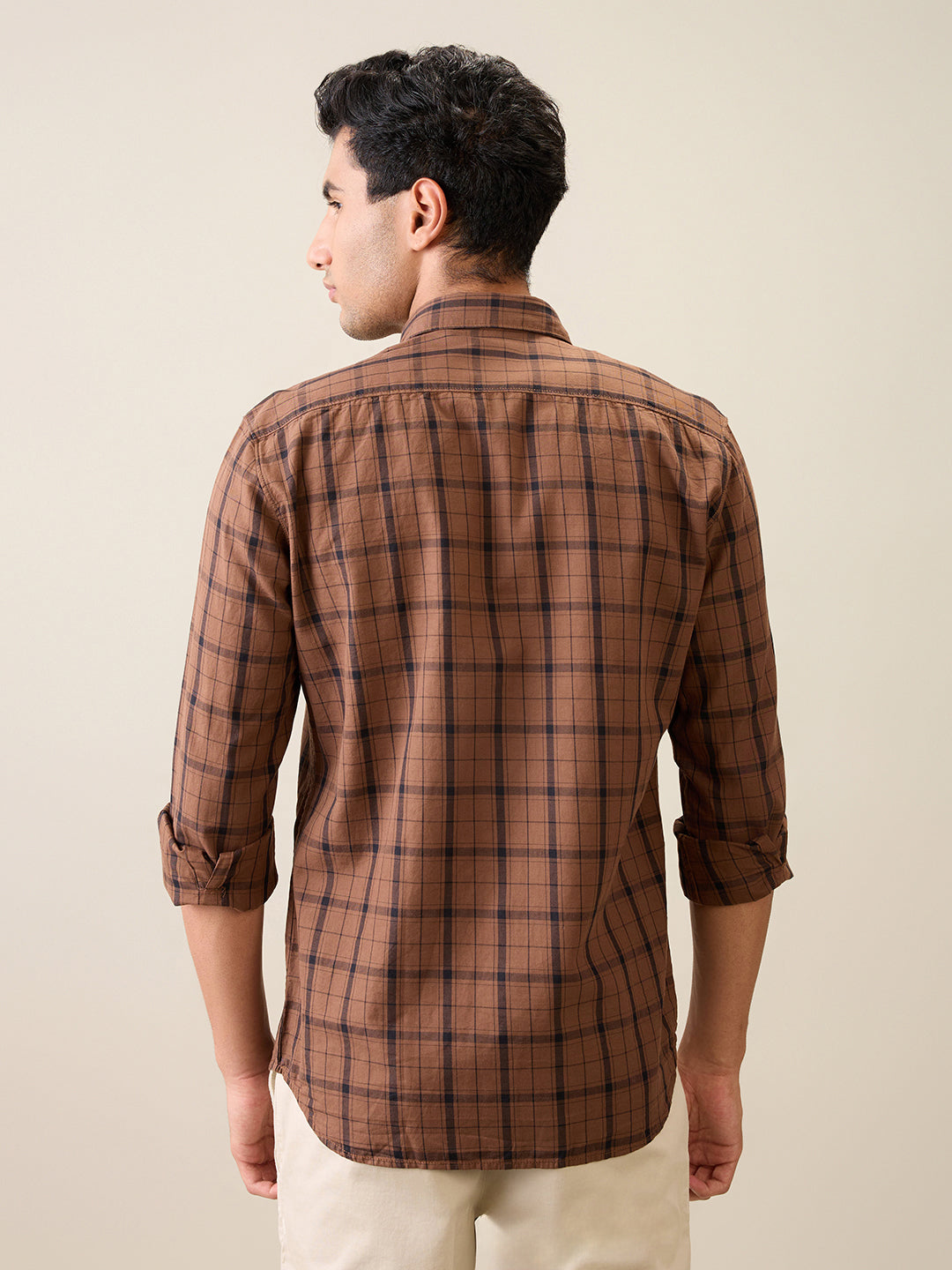 Parx Men Brown Checks Slim Fit Cotton Casual Shirt