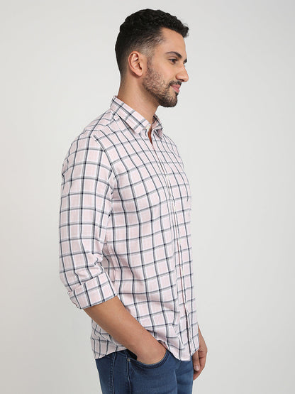 Parx Men Pink Checks Slim Fit Cotton Casual Shirt