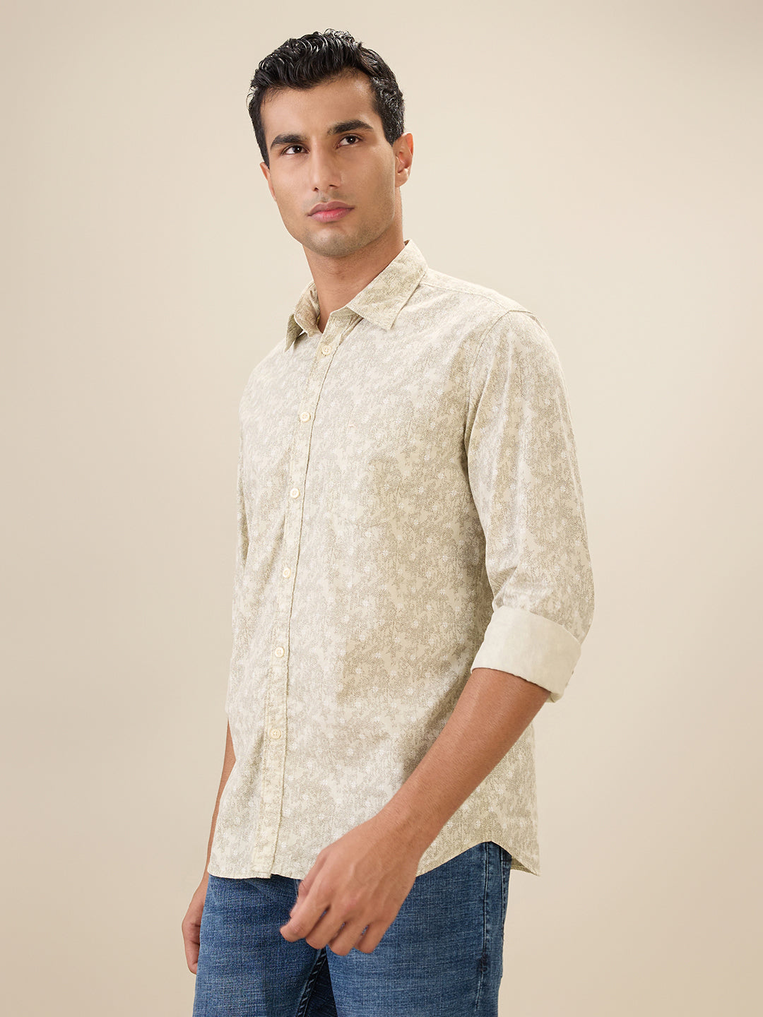 Parx Men Brown Printed Slim Fit Cotton Full Sleeve Cut Away Collar Casual Shirt