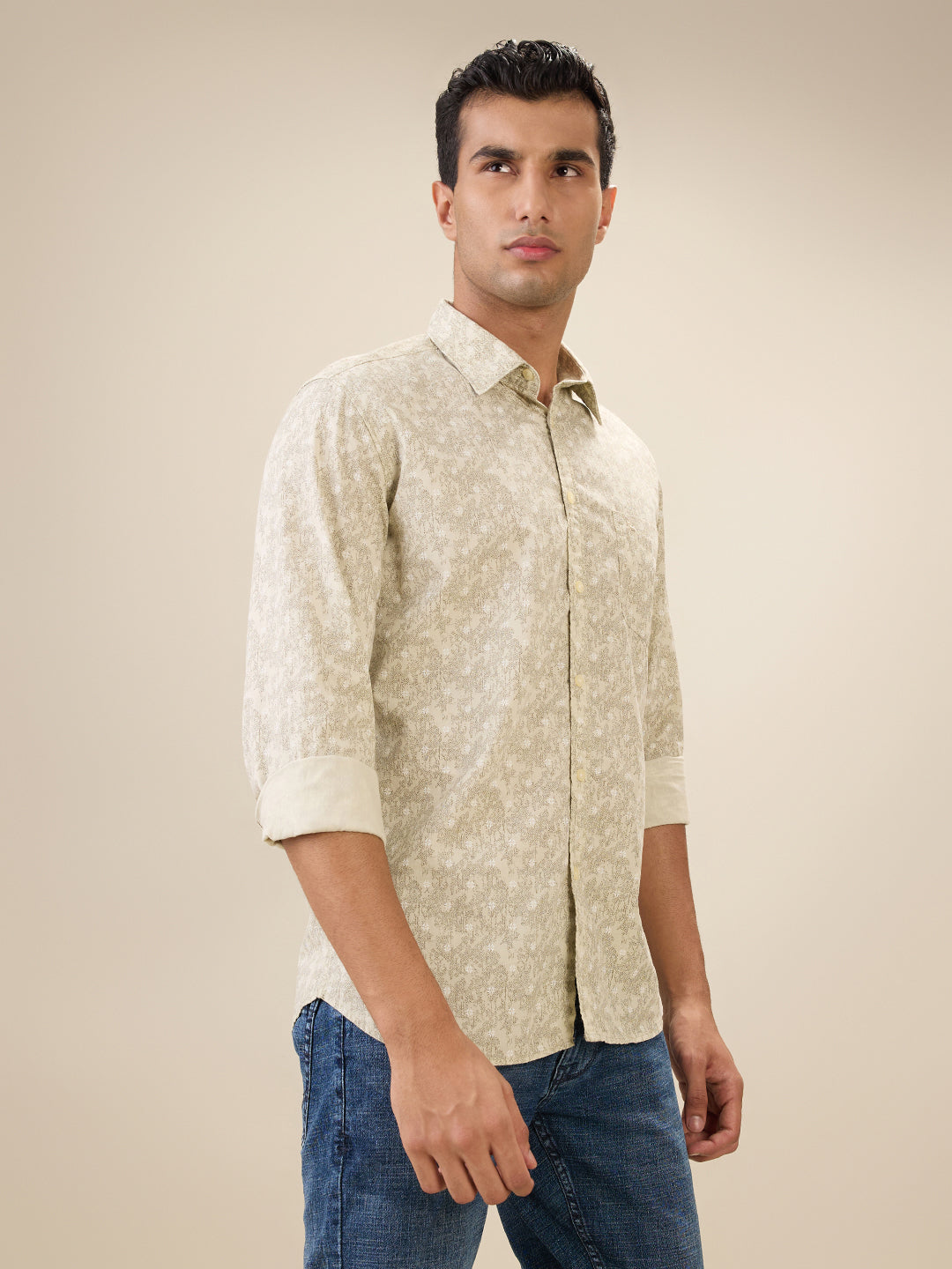 Parx Men Brown Printed Slim Fit Cotton Full Sleeve Cut Away Collar Casual Shirt