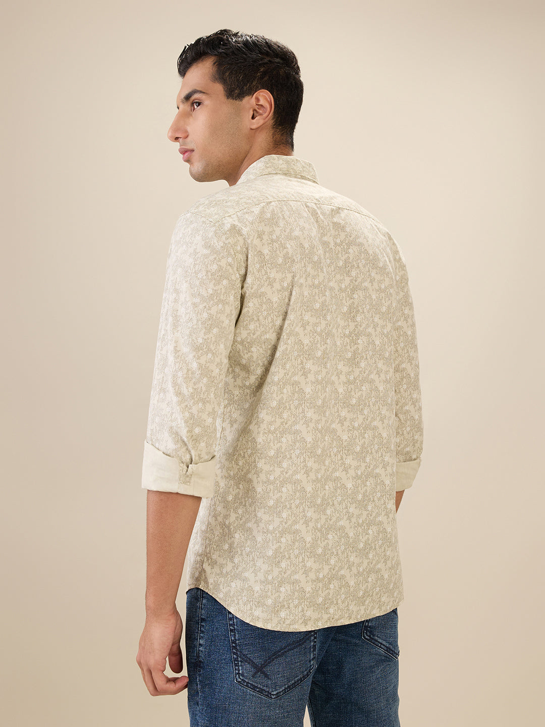 Parx Men Brown Printed Slim Fit Cotton Full Sleeve Cut Away Collar Casual Shirt