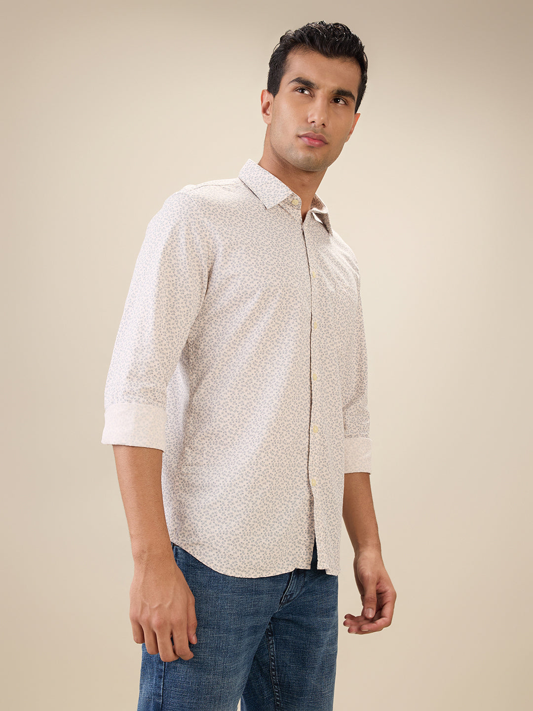 Parx Men Orange Printed Slim Fit Cotton Full Sleeve Cut Away Collar Casual Shirt