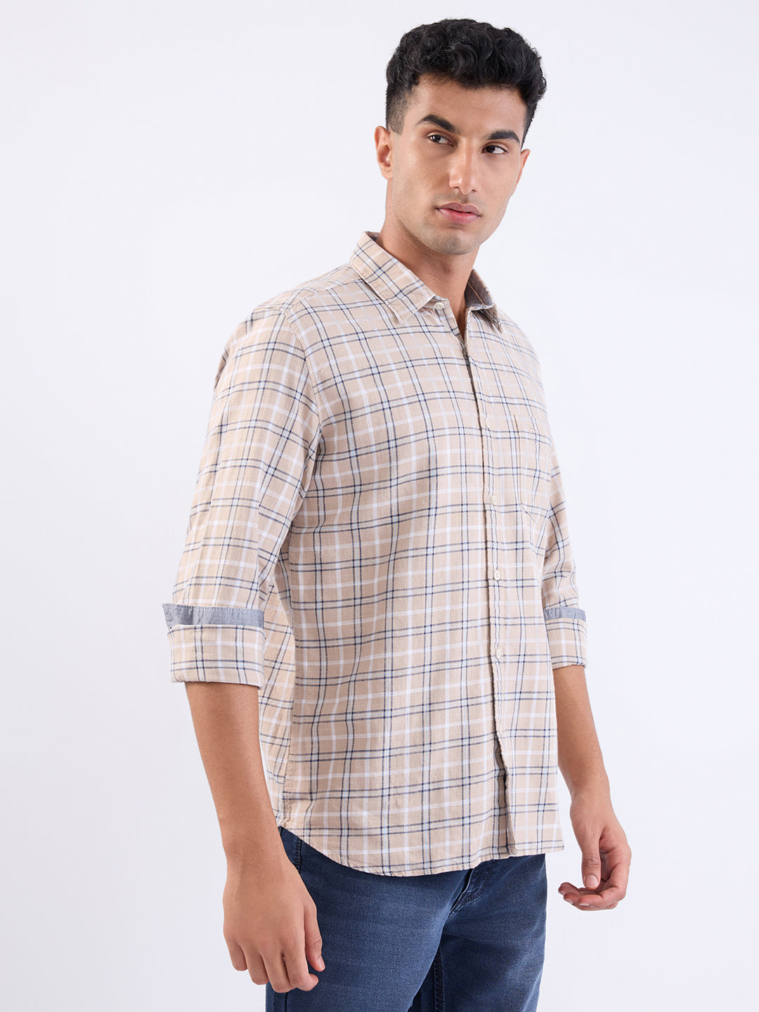 Parx Men Brown Checks Slim Fit Cotton Full Sleeve Casual Shirt