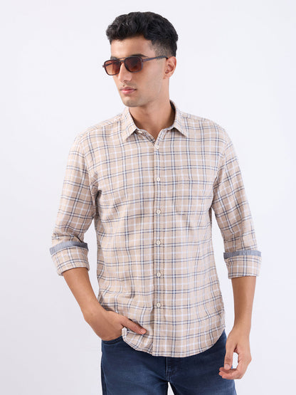 Parx Men Brown Checks Slim Fit Cotton Full Sleeve Casual Shirt