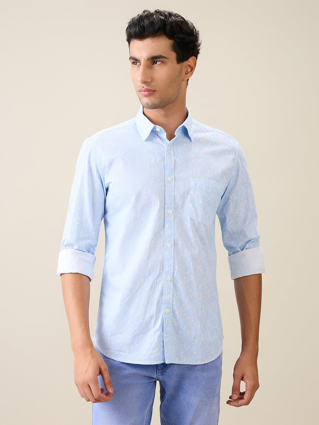 Parx Men Blue Printed Slim Fit Cotton Casual Shirt