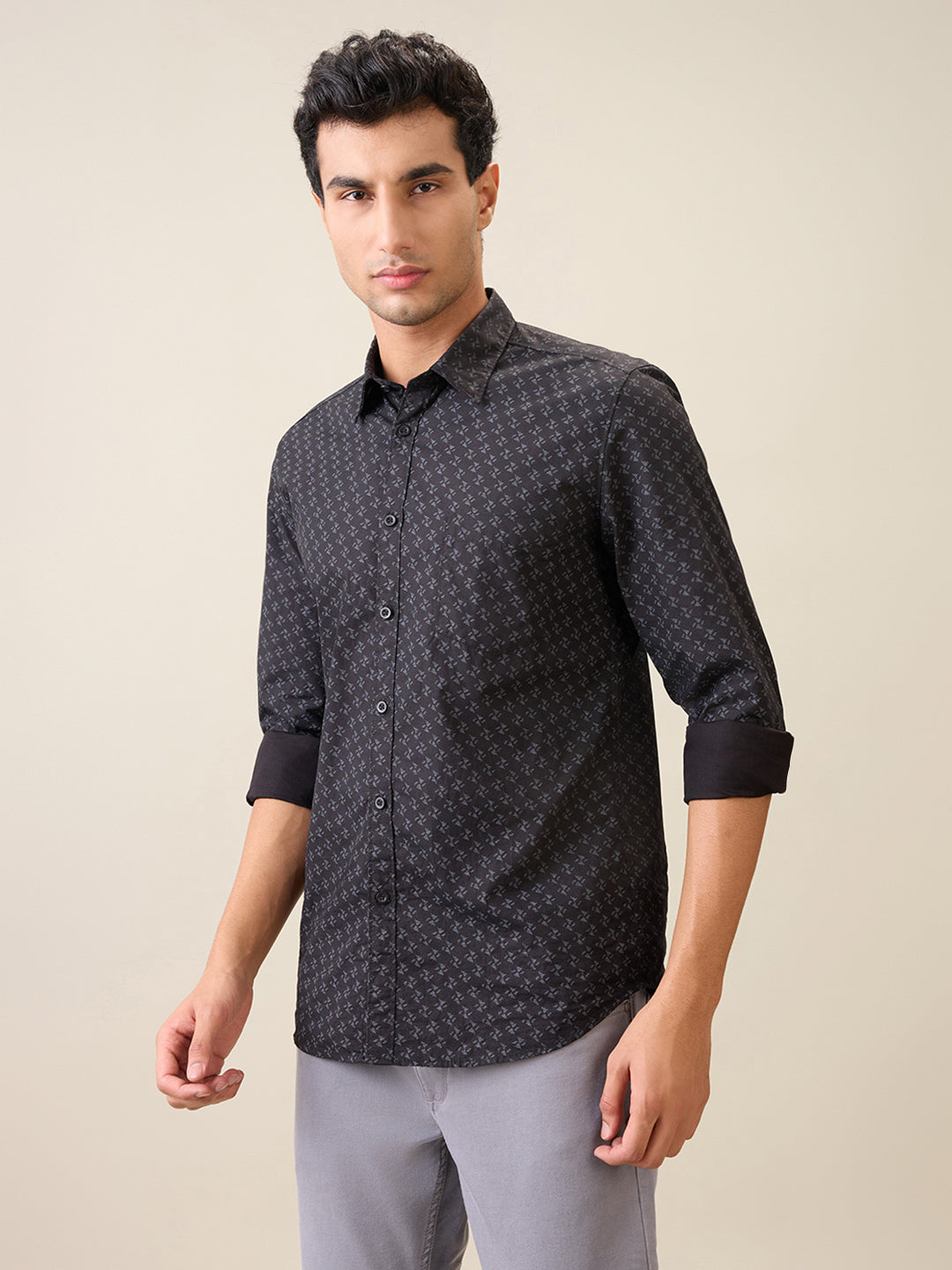 Parx Men Black Printed Slim Fit Cotton Casual Shirt
