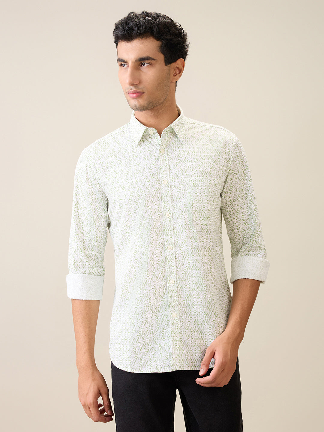 Parx Men Green Printed Slim Fit Cotton Casual Shirt