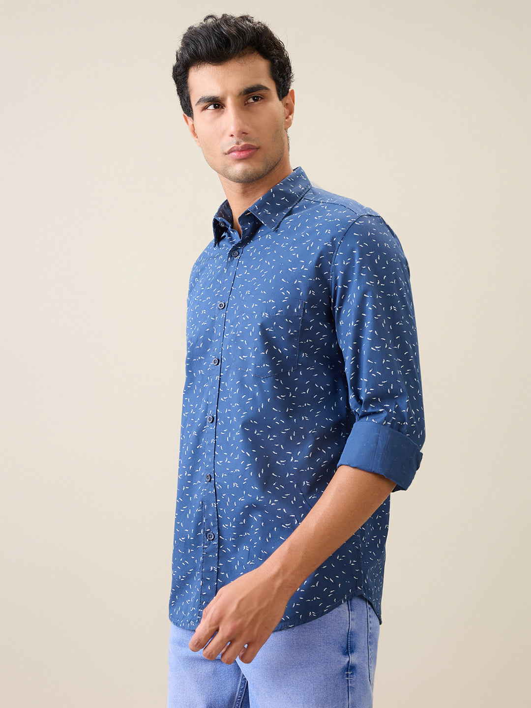 Parx Men Blue Printed Slim Fit Cotton Casual Shirt