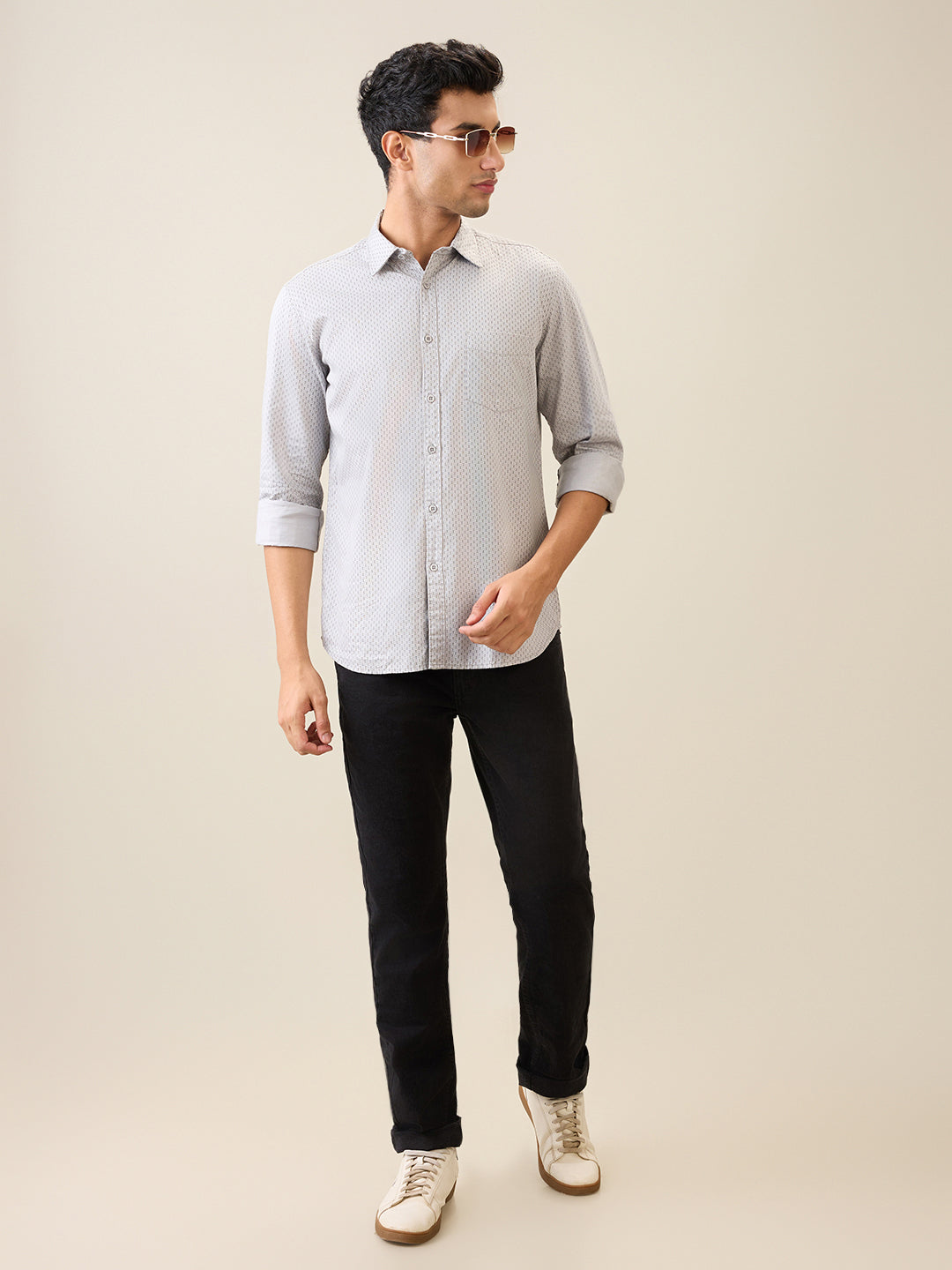 Parx Men Grey Printed Slim Fit Cotton Casual Shirt