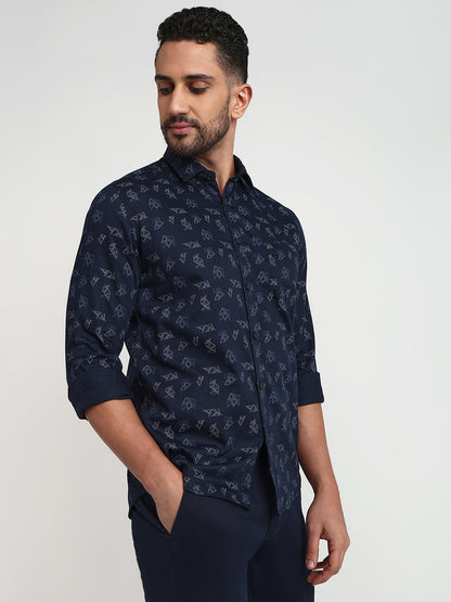 Parx Men Blue Printed Slim Fit Cotton Casual Shirt