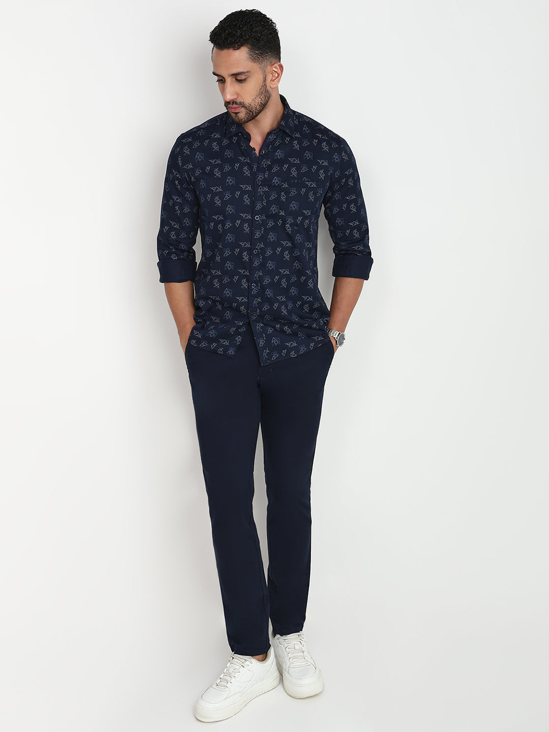 Parx Men Blue Printed Slim Fit Cotton Casual Shirt