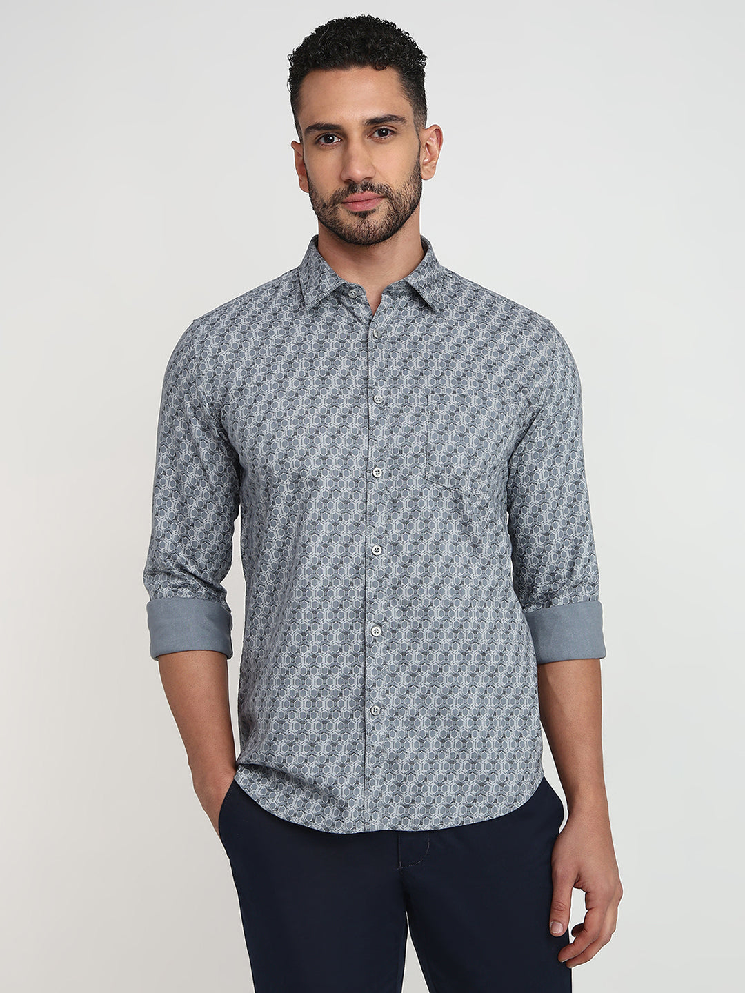 Parx Men Grey Printed Slim Fit Cotton Casual Shirt