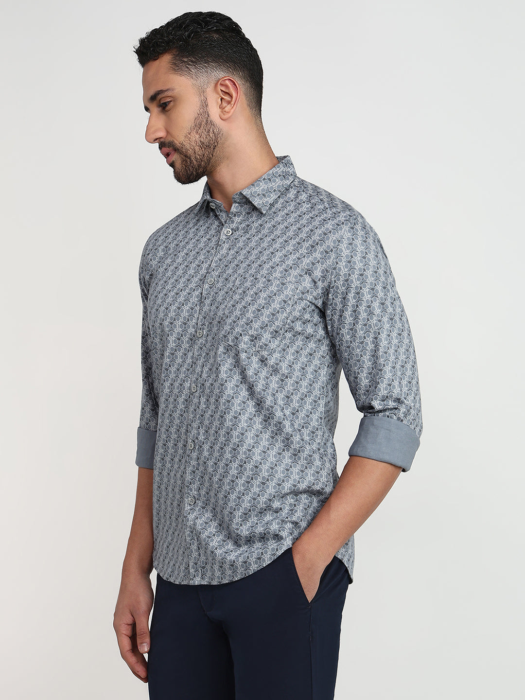 Parx Men Grey Printed Slim Fit Cotton Casual Shirt
