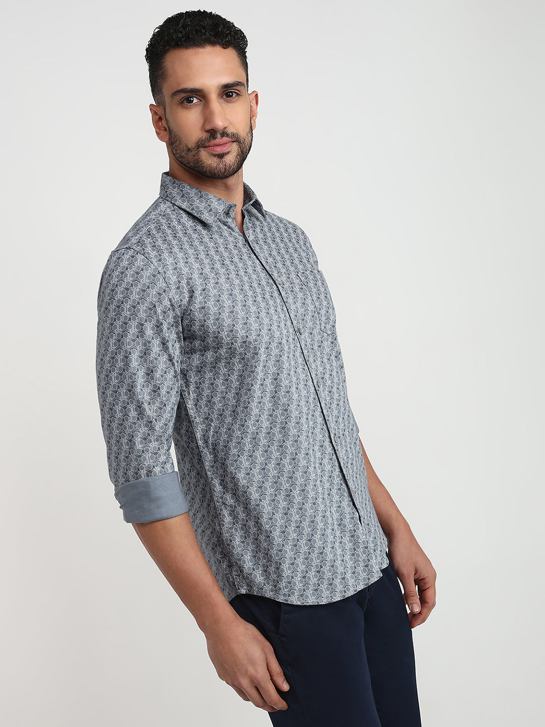 Parx Men Grey Printed Slim Fit Cotton Casual Shirt