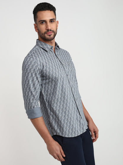 Parx Men Grey Printed Slim Fit Cotton Casual Shirt