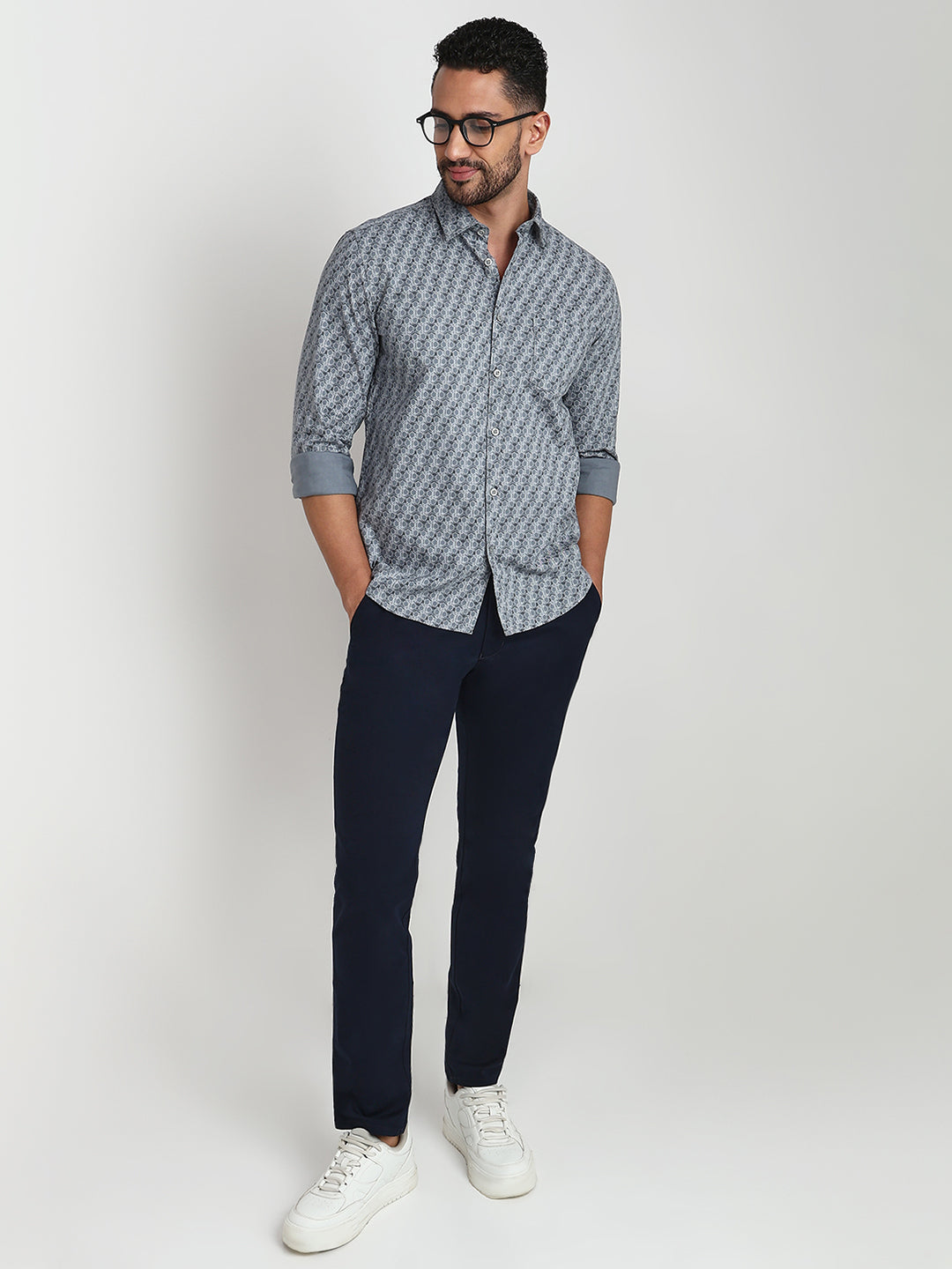 Parx Men Grey Printed Slim Fit Cotton Casual Shirt