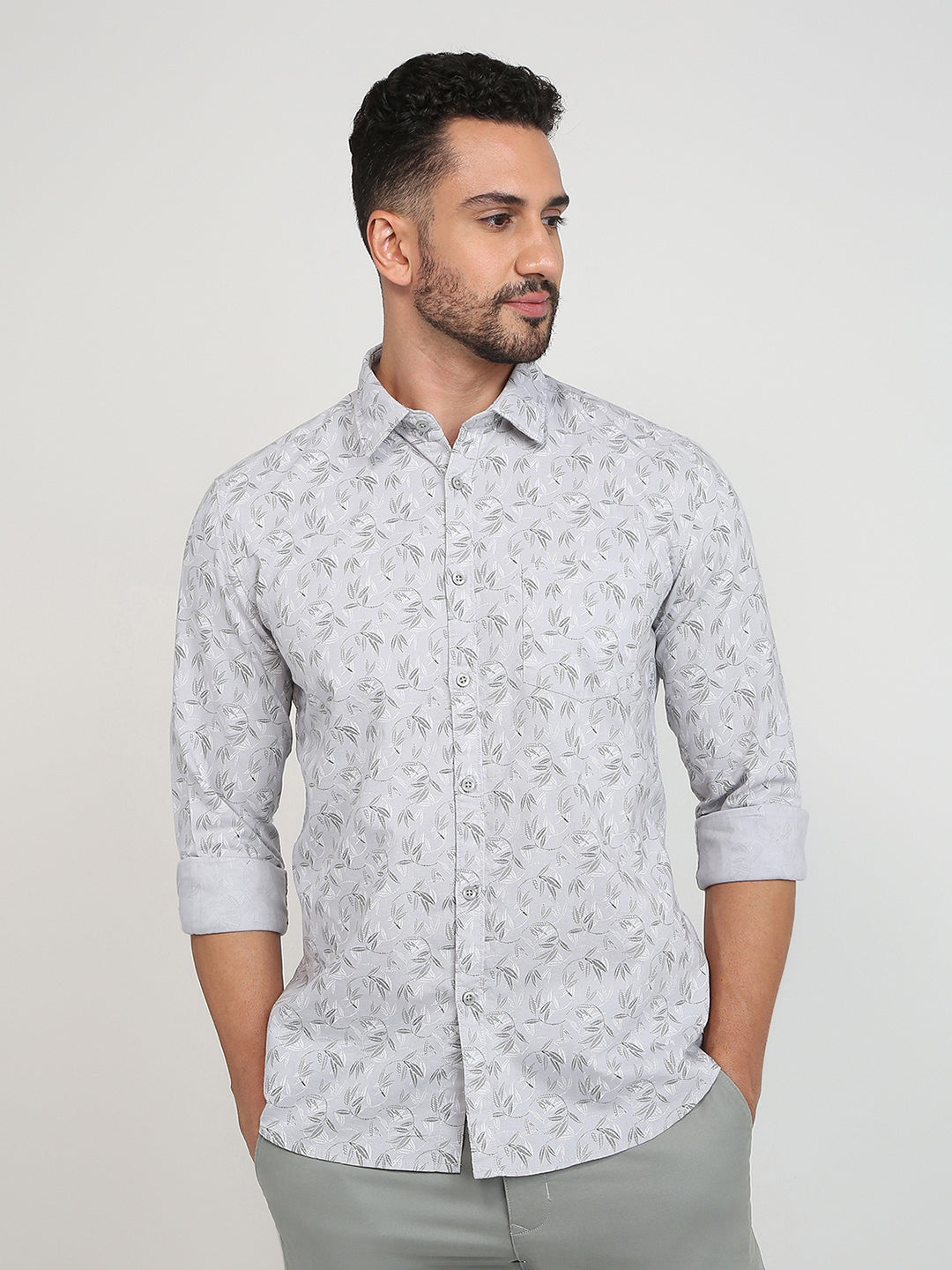 Parx Men Grey Printed Slim Fit Cotton Casual Shirt