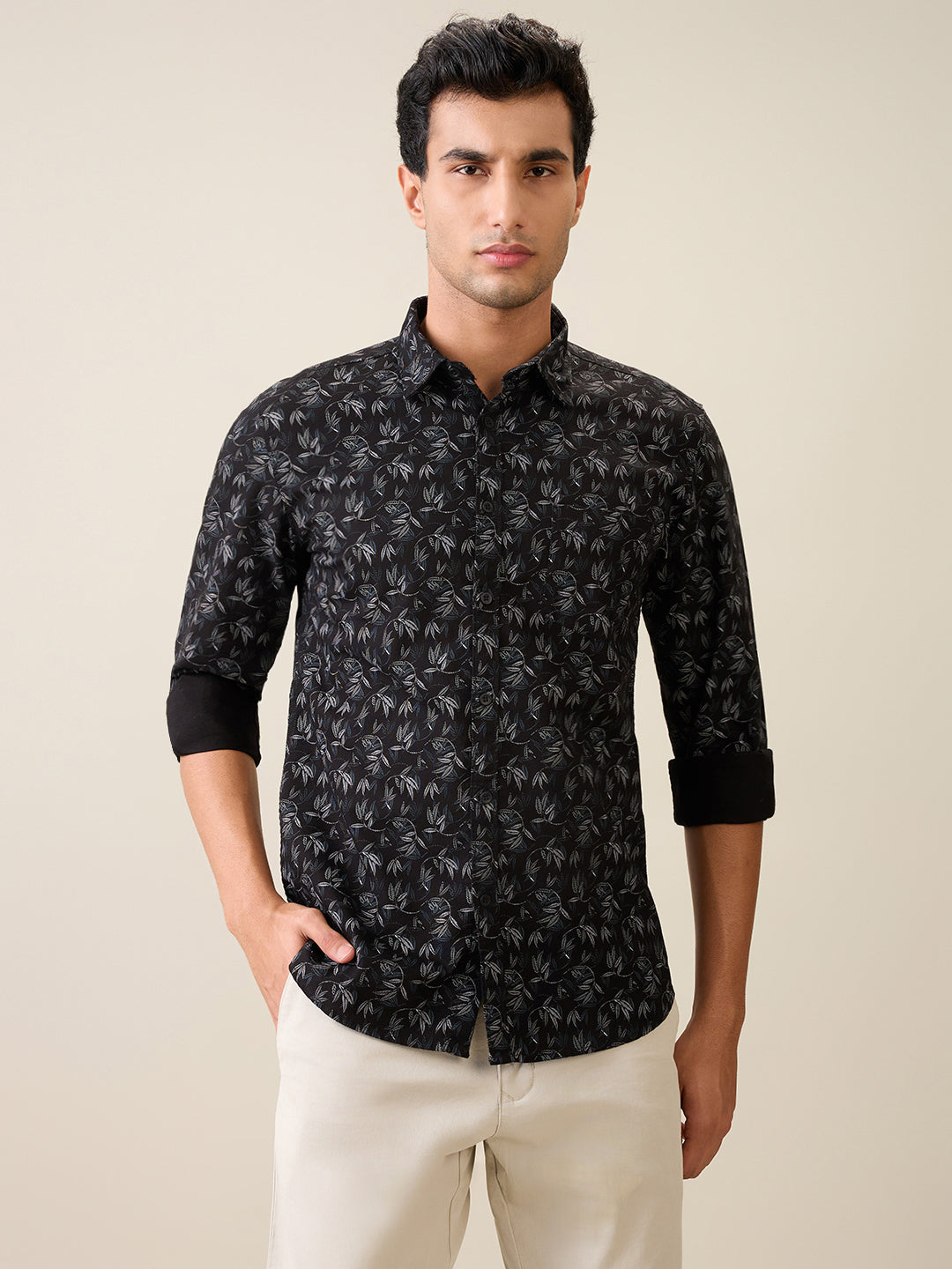 Parx Men Black Printed Slim Fit Cotton Casual Shirt