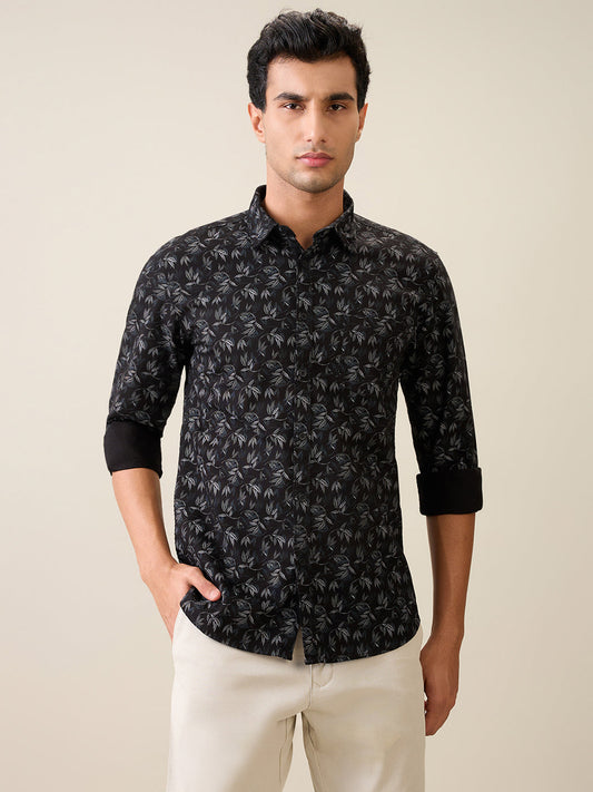 Parx Men Black Printed Slim Fit Cotton Casual Shirt