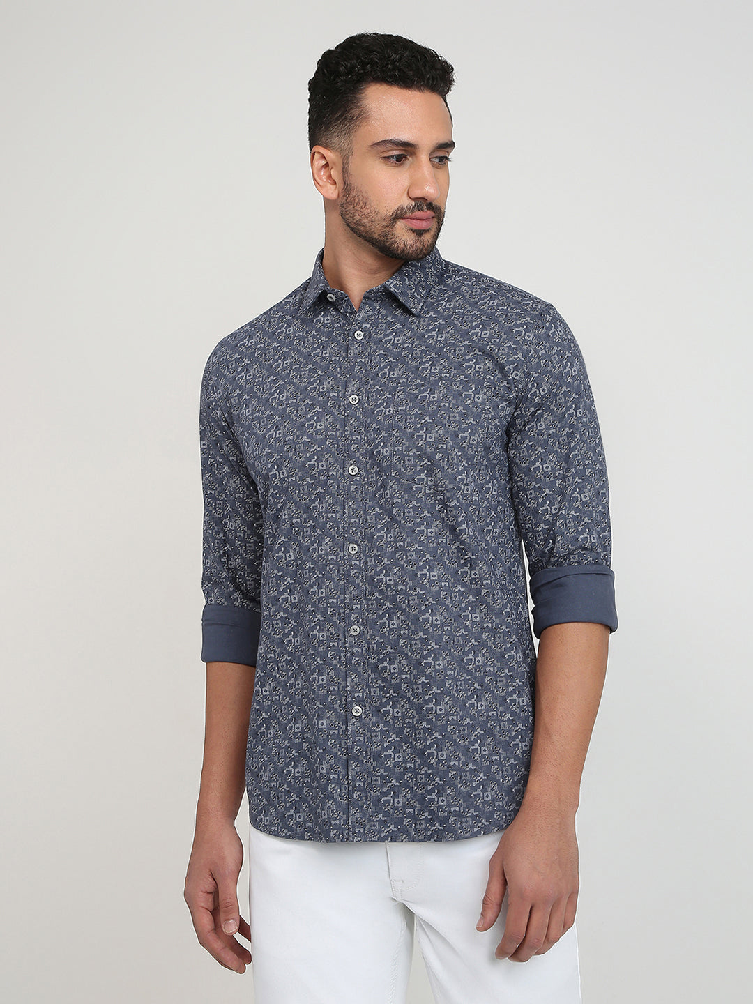 Parx Men Grey Printed Slim Fit Cotton Casual Shirt