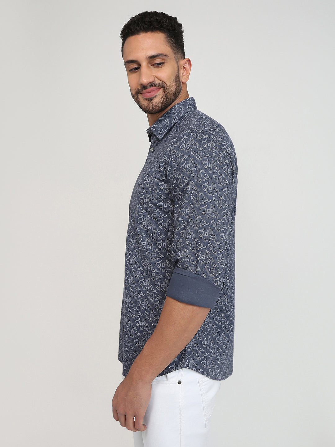 Parx Men Grey Printed Slim Fit Cotton Casual Shirt