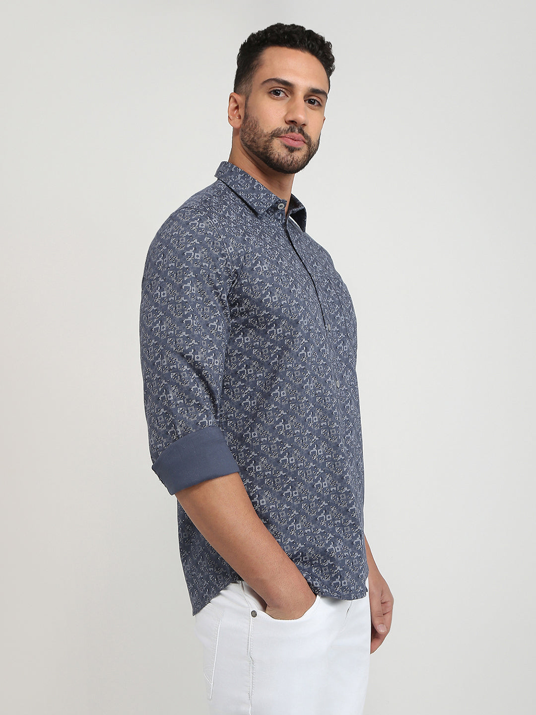 Parx Men Grey Printed Slim Fit Cotton Casual Shirt