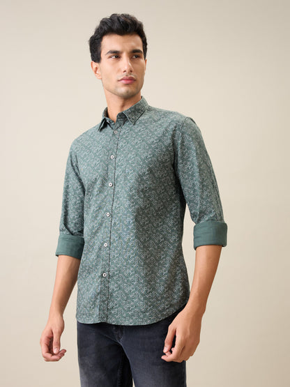 Parx Men Green Printed Slim Fit Cotton Casual Shirt