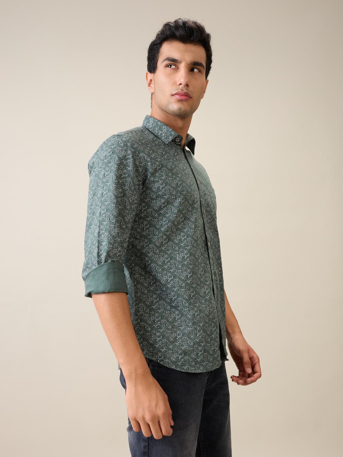 Parx Men Green Printed Slim Fit Cotton Casual Shirt